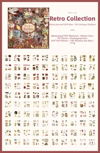 Detailed catalog of 100 vintage PET stickers with botanical and retro character patterns