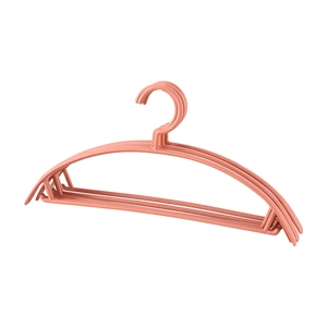 Three-pack of coral pink non-slip plastic hangers with semi-circular wide shoulder design