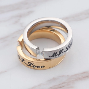 Gold and silver stainless steel couple rings with My Love engraving and square zircon stones