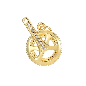 Creative 14K gold plated bicycle crankset pendant with pavé zircon stones on white background