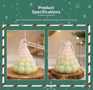 Detail view of colorful gradient Christmas tree scented candles with size specifications