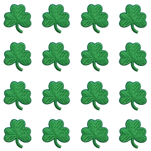 Detailed close-up of 16-piece St. Patrick's Day green shamrock embroidered iron-on patches