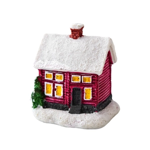 Miniature snowy red house Christmas tree resin desktop ornament and holiday decoration