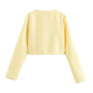 Back view of a yellow tweed short jacket with a classic grid texture on white background