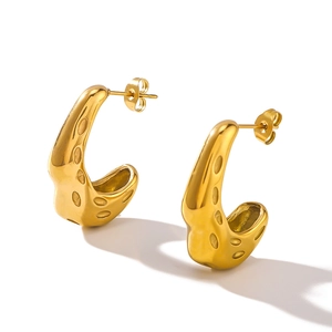 French retro gold C-shaped hollow stainless steel earrings with textured dimple finish