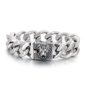 Hip hop silver stainless steel Cuban chain bracelet with lion head buckle and white diamonds