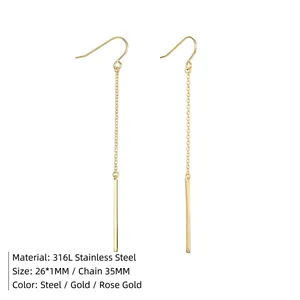 Long stainless steel chain earrings with bar pendants in gold and rose gold colors