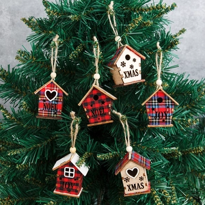 6-piece wooden Christmas house ornaments with red plaid hanging on a green Xmas tree