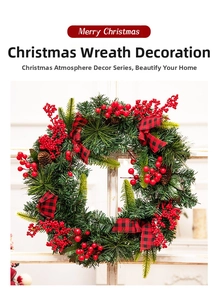 Detail of Christmas wreath with red berries, pine cones, and plaid bows on pine needles
