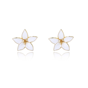Elegant gold-plated 5-petal white enamel flower stud earrings with minimalist design