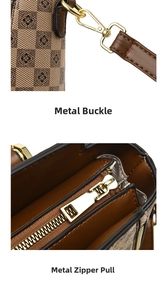 Detailed close-up of golden metal hooks and high-gloss zipper on classic vintage handbag