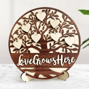 Family Tree Ornament Wooden 3D Laser Cut Love Grows Here Heart Desktop Decor Mother Day Gift Round Natural Wood