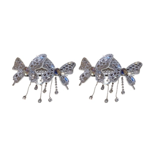 Sparkling silver butterfly hair clips with crystal tassels and rhinestone accents