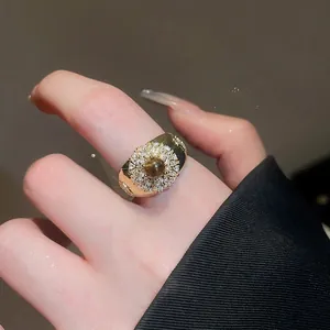 18k gold plated tiger eye ring with shimmering zircon stones in a vintage floral design