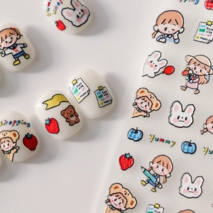 Japanese 5D embossed nail art stickers with cute cartoon girls and bears in pastel colors