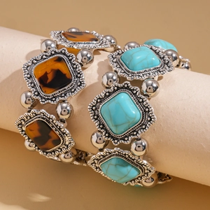 Vintage geometric elastic bracelets with turquoise and amber resin stones in silver frames