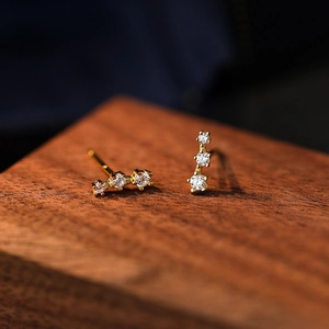 925 Sterling Silver Stud Earrings With Cubic Zirconia Triple Stone Row Minimalist Dainty Elegant Jewelry For Women