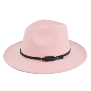 Detail of pink wool fedora hat featuring a black leather band and silver metal buckle