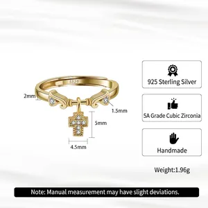 Handmade S925 sterling silver open ring with gold cross pendant and 5A cubic zirconia stones