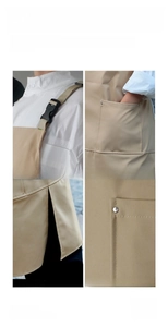 Detail of adjustable buckles, deep pockets, split hem and rivet reinforced canvas apron