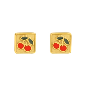 Boucles d'oreilles carrées en acier doré 18K avec motifs de cerises en émail rouge