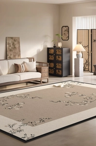 Close-up of new Chinese style woven rug texture with black floral patterns and border