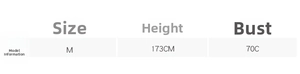 Size chart showing model parameters: height 173cm, bust 70C, wearing size M