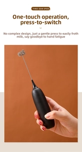 Detailed view of handheld milk frother with three-gear speed control and stainless whisk