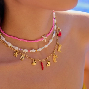 Three-layer layered necklace set with colorful beads, starfish and gold charms