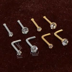 L-shaped and straight stainless steel nose studs with 2mm zircon crystals in silver and gold