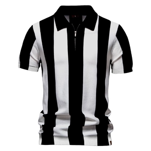 Men's summer knit polo shirt featuring vertical black and white stripes and a zip-up collar