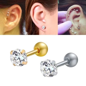 Stainless Steel Round Rhinestone Stud Earrings For Women Men 4-Prong Inlaid Helix Piercing Jewelry Gold Silver Black