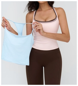 Close-up of light blue racerback yoga vest with breathable high-elasticity fabric