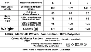 Size chart and fabric care instructions for the mermaid print halter neck backless dress