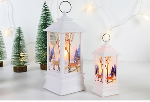 Close-up of white Christmas lanterns with winter forest patterns and warm LED lights