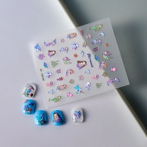 5D embossed mermaid ocean theme nail art stickers with seahorse and shell designs