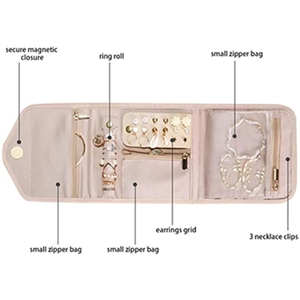 Pink foldable jewelry roll organizer with magnetic closure and multiple compartments