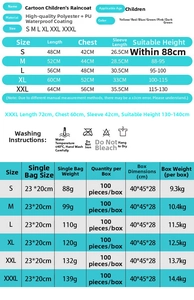 Detailed size chart for cartoon dinosaur children's raincoats with measurement specifications