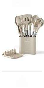 Detailed set of heat-resistant silicone kitchen utensils with stainless steel handles and holder