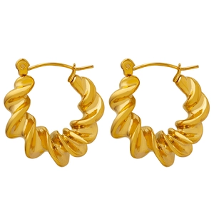 Polished gold-plated stainless steel twisted croissant C-shape hoop earrings for women