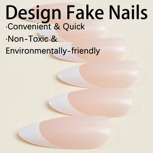 Classic almond-shaped French fake nails with pink base and white tips on beige surface