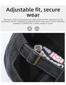 Detail of adjustable metal buckle and washed denim texture on vintage baseball cap