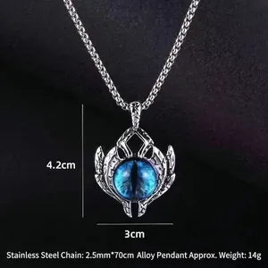 Gothic evil eye pendant necklace in stainless steel with blue cat eye stone detail