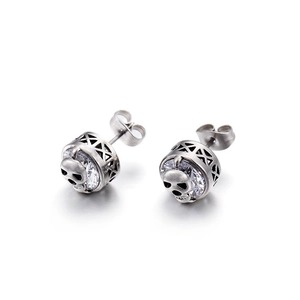 Gothic punk skull stud earrings in stainless steel with sparkling clear zircon accents