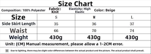 Size chart for knit skirt set showing polyester material and detailed measurements in CM