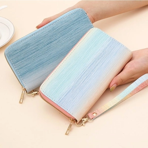 Women's gradient large capacity long wallet with wrist strap and gold zipper