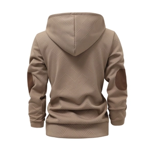 Rear view of brown jacquard hoodie for men featuring classic dark elbow patches