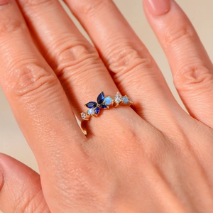 925 silver butterfly ring with blue marquise stones and opal on gold band