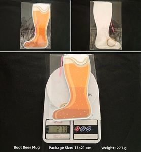 Detail view of boot-shaped beer mug card with size 13x21cm and 27.7g weight for Oktoberfest