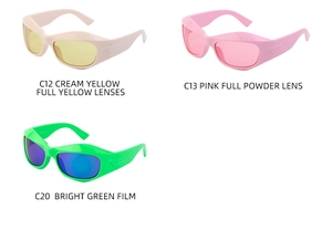 Detailed comparison of Y2K wraparound sunglasses in yellow, pink and green variants